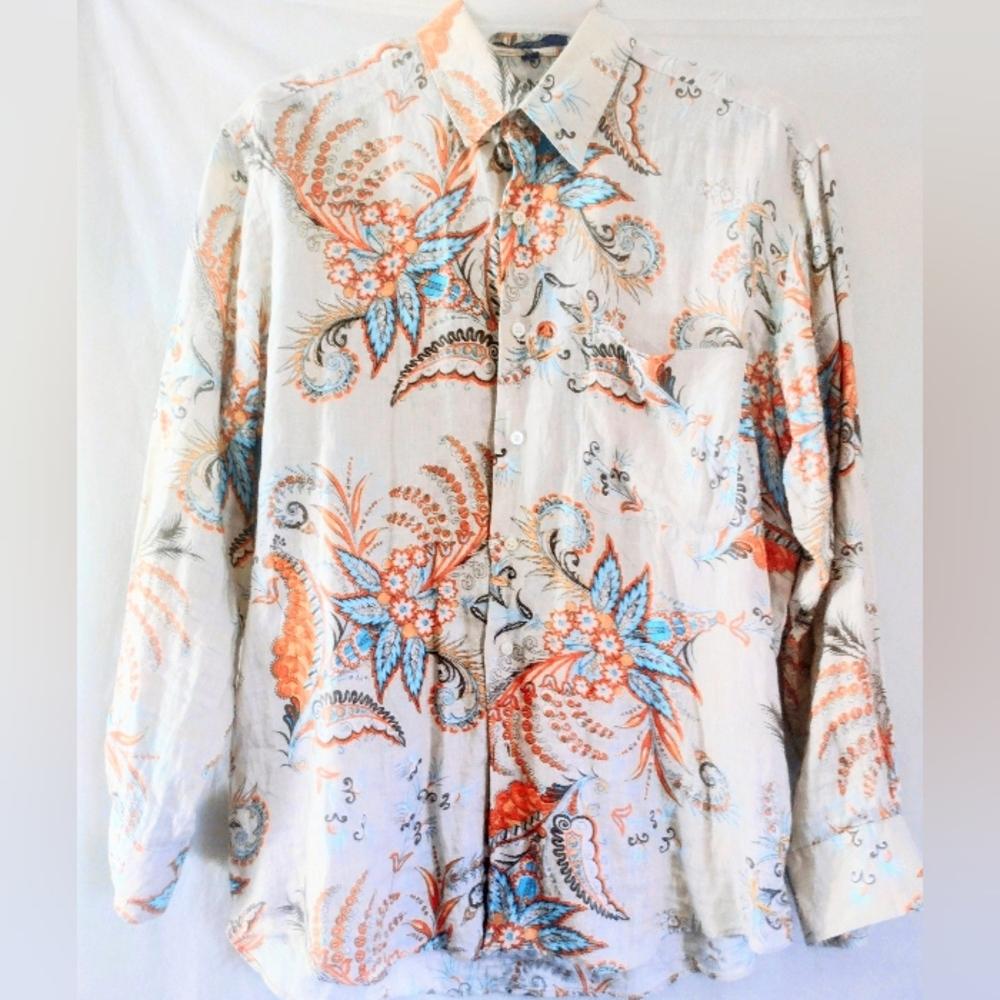 Alan Flusser Linen Shirt in White with Blue & Coral Accents